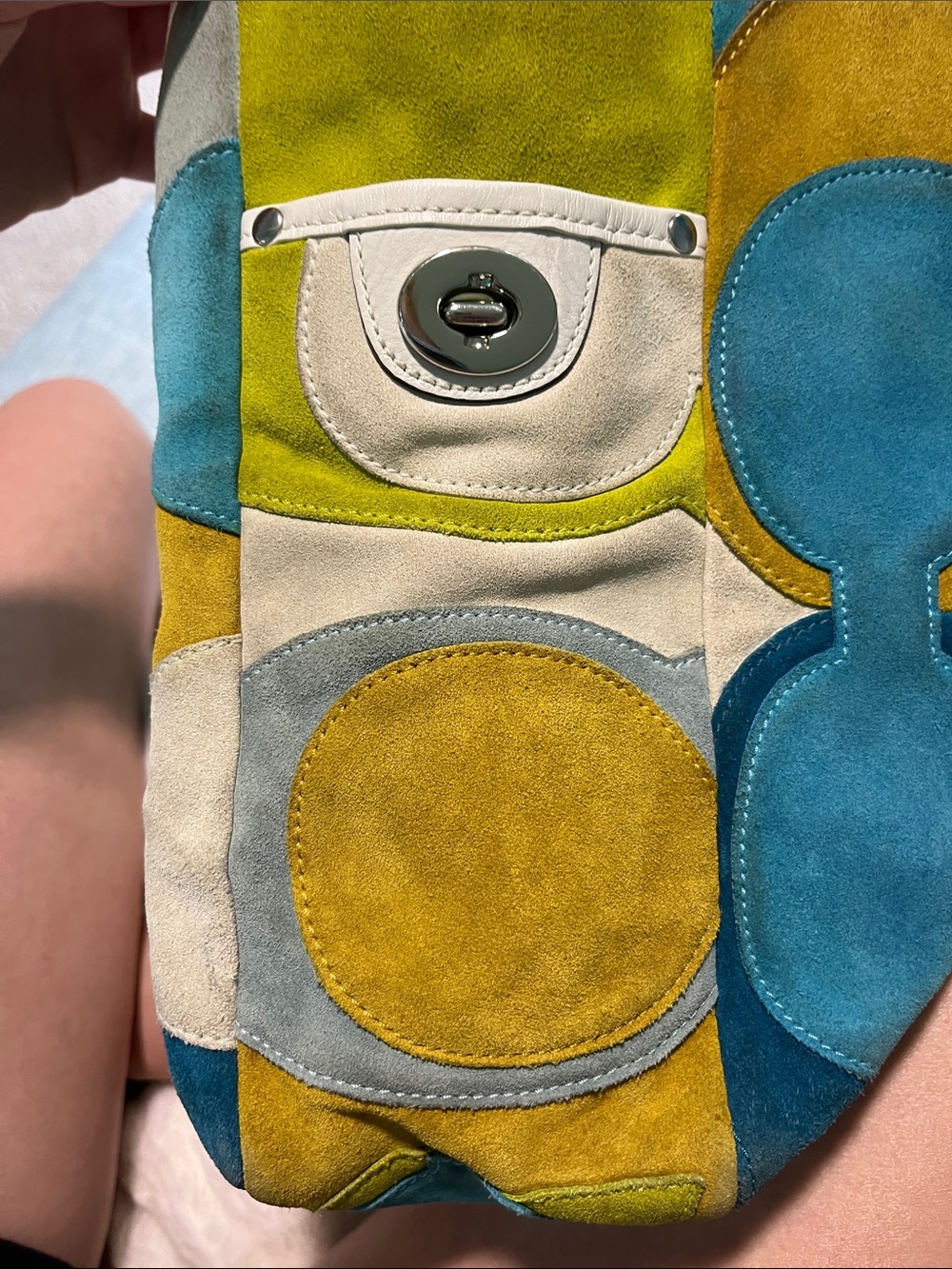 Coach Vintage/Y2K Multicolor Suede Patchwork Tote Bag White Leather Trim - Picture 11 of 16